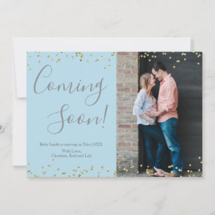 Gold Confetti Pregnancy Announcement Card on Blue