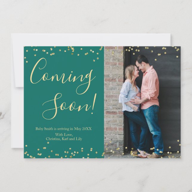 Gold Confetti Pregnancy Announcement Card on Green (Front)