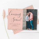 Gold Confetti Pregnancy Announcement Card on Pink<br><div class="desc">Gold Confetti on Pink Photo Pregnancy Announcement Cards. Expecting parents! Modern hand lettered typography"coming soon" script card to share your happy news with family and friends. Features above and the bottom gold confetti frame on light blush pink background. If you need help or matching items, contact to me! You can...</div>