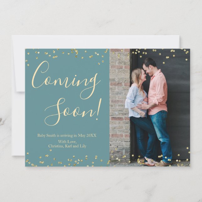 Gold Confetti Pregnancy Announcement Card on Teal (Front)