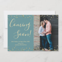 Gold Confetti Pregnancy Announcement Card on Teal