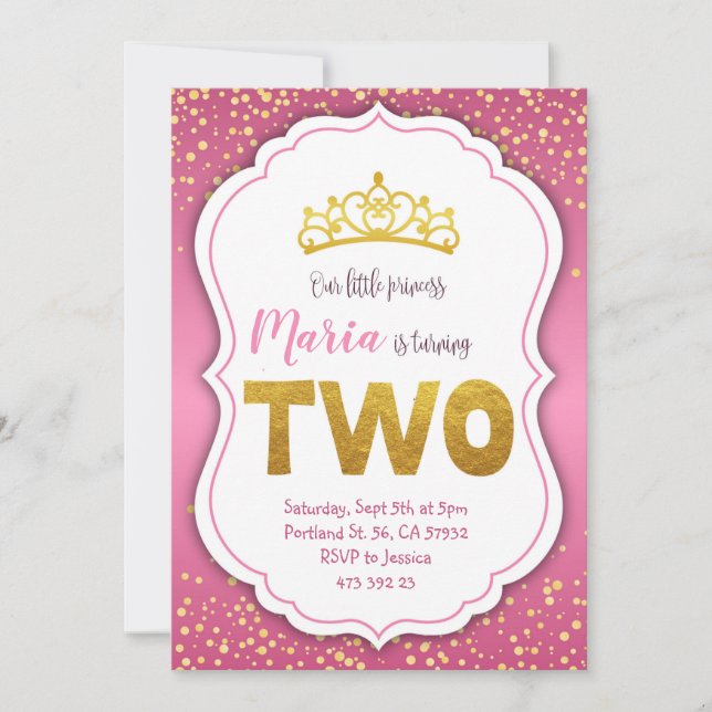 Gold Confetti Princess 2nd Birthday Invitation  (Front)
