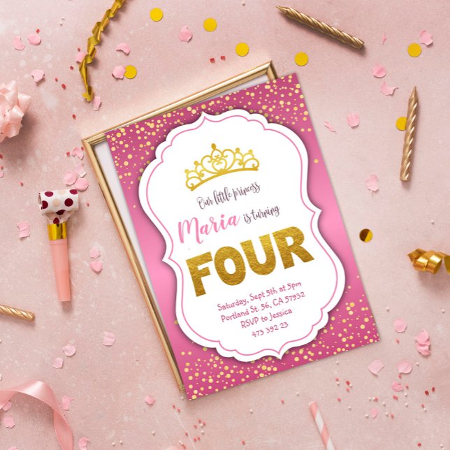 Gold Confetti Princess 4th Birthday Invitation  (Creator Uploaded)