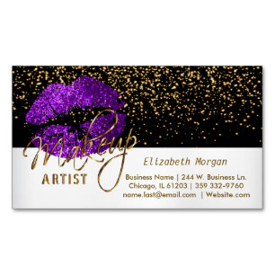 Gold Confetti & Purple Lips - Makeup Artist Magnetic Business Card