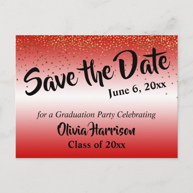 Gold Confetti Red Graduation Save the Date Postcard (Front)