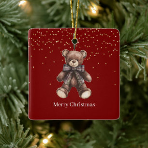 Gold Confetti Red Teddy Bear Christmas Ceramic Ornament
