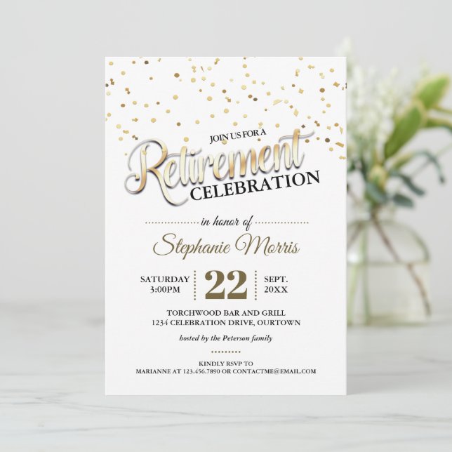 Gold Confetti Retirement Party Invitations (Standing Front)