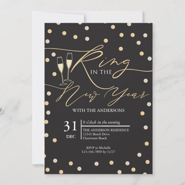 Gold Confetti Ring in the New Year Party Invitation (Front)