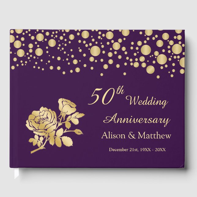 Gold Confetti Roses 50th Wedding Anniversary Guest Book (Front)