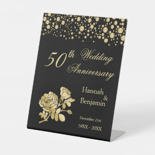 Gold Confetti Roses  50th Wedding Anniversary Pedestal Sign
