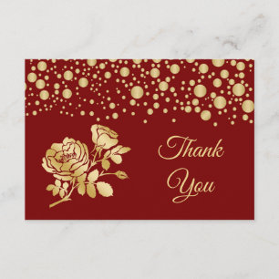 Gold confetti, roses on red Wedding Thank You Card