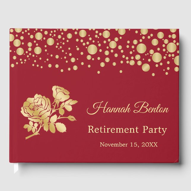 Gold Confetti Roses Retirement Party Guest Book (Front)