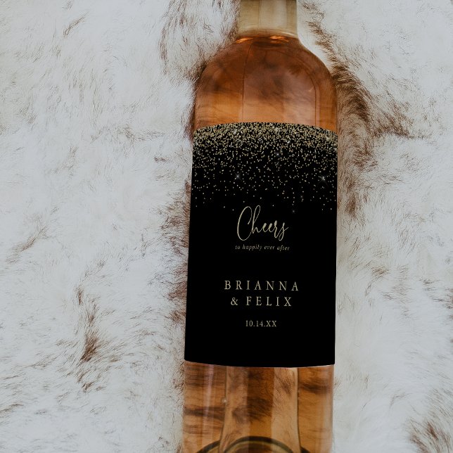 Gold Confetti Script Cheers Wedding Wine Labels (Creator Uploaded)