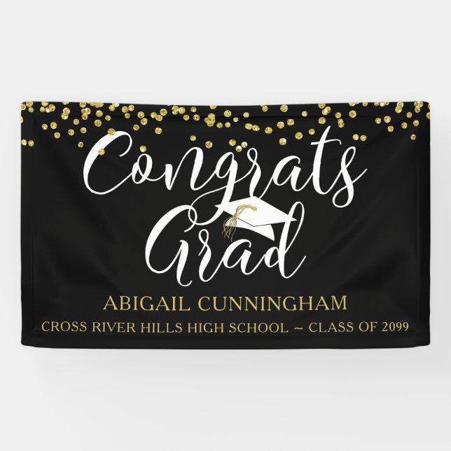 Gold Confetti Script CONGRATS GRAD Black Gold Banner (Horizontal)