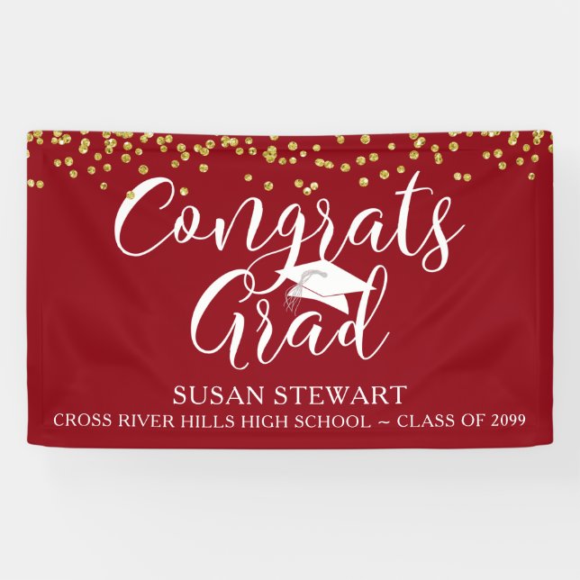 Gold Confetti Script CONGRATS GRAD Red Banner (Horizontal)