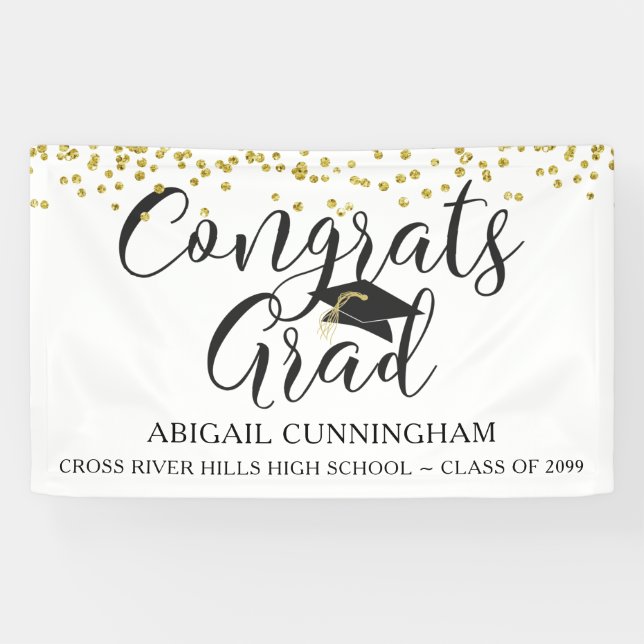Gold Confetti Script CONGRATS GRAD White Banner (Horizontal)