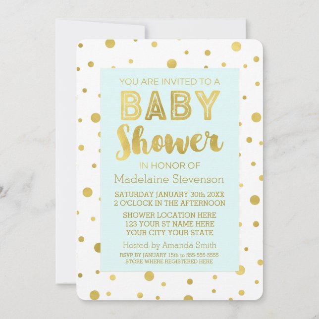 Gold Confetti Sky Blue Baby Shower Invitations (Back)