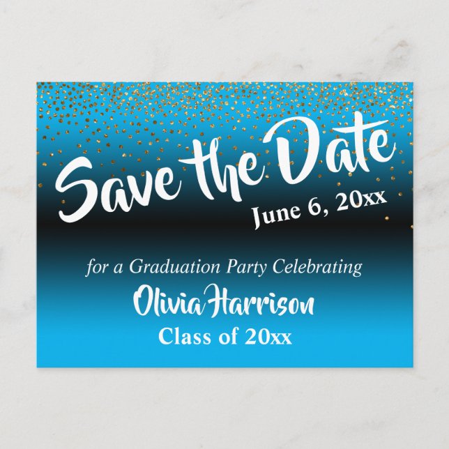 Gold Confetti Sky Blue Graduation Save the Date Postcard (Front)