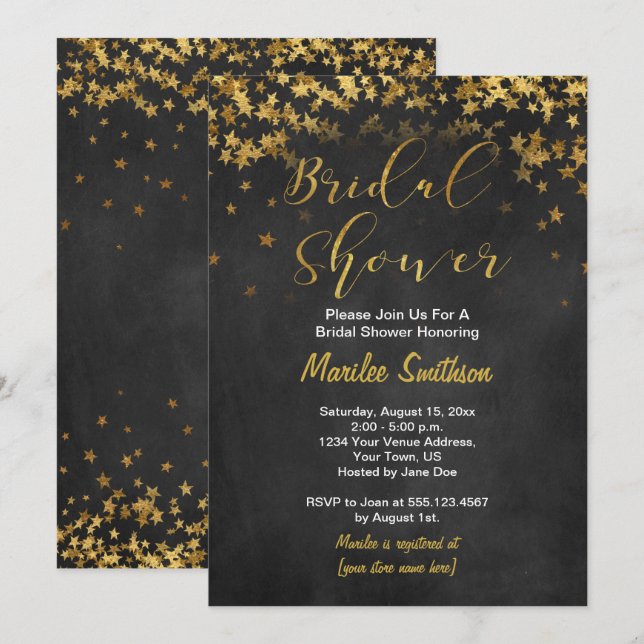 Gold Confetti Stars Chalk Board Bridal Shower Invitation (Front/Back)