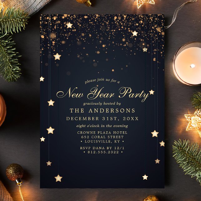 Gold Confetti Stars Navy Blue New Year Party Invitation (Creator Uploaded)