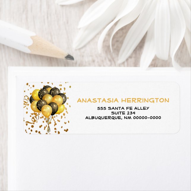 Gold Confetti Streamers Balloon Bundle Festive Return Address Label (Insitu)