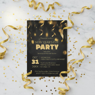 Gold Confetti Streamers Black New Year's Eve Party Invitation