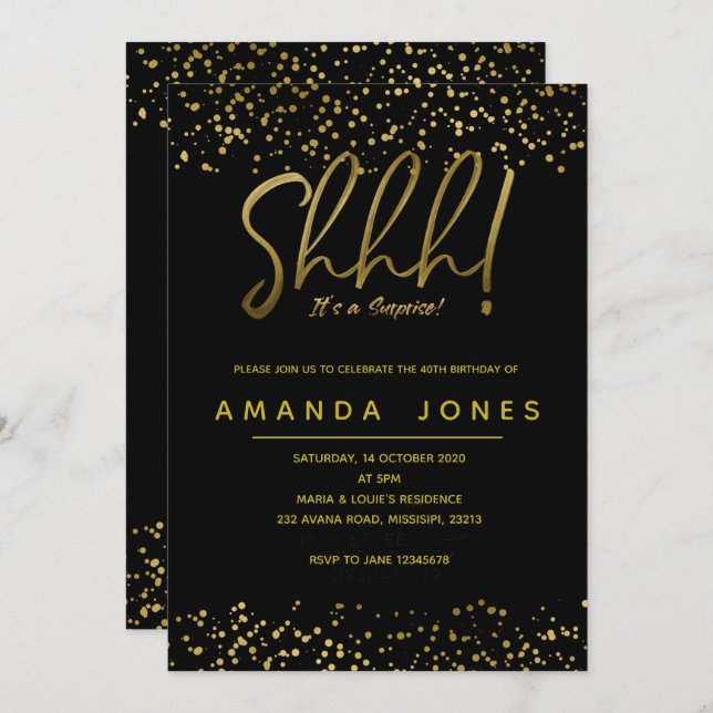 Gold Confetti Surprise Birthday Party Invitation (Front/Back)