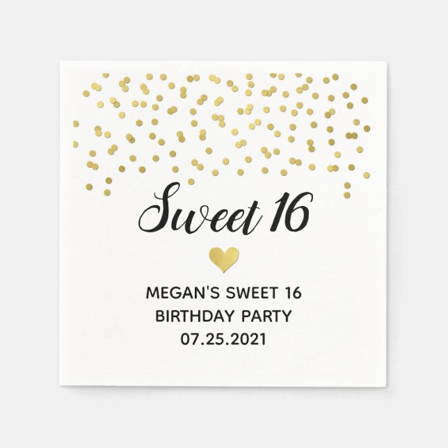 Gold Confetti Sweet 16 Birthday Napkin (Front)