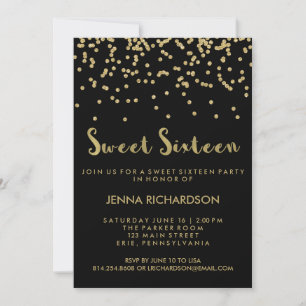 Gold Confetti Sweet Sixteen Party on Black Invitation
