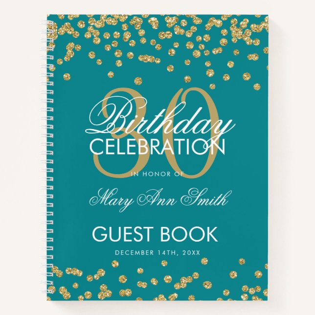 Gold Confetti Teal 30th Birthday Guestbook Notebook (Front)