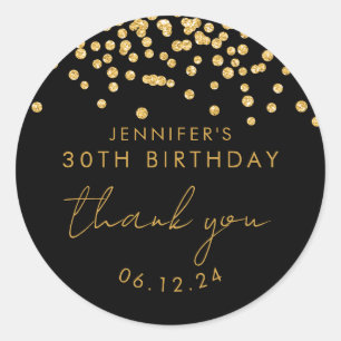 Gold Confetti Thank You 30th Birthday Party Black Classic Round Sticker