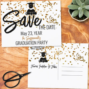 Gold Confetti Top On White Custom Graduation Announcement Postcard