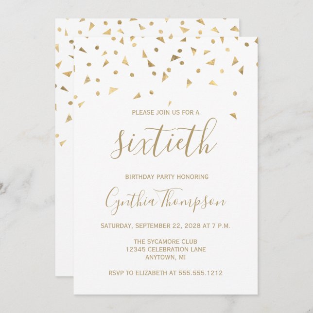Gold Confetti Triangles 60th Birthday Party Invitation (Front/Back)
