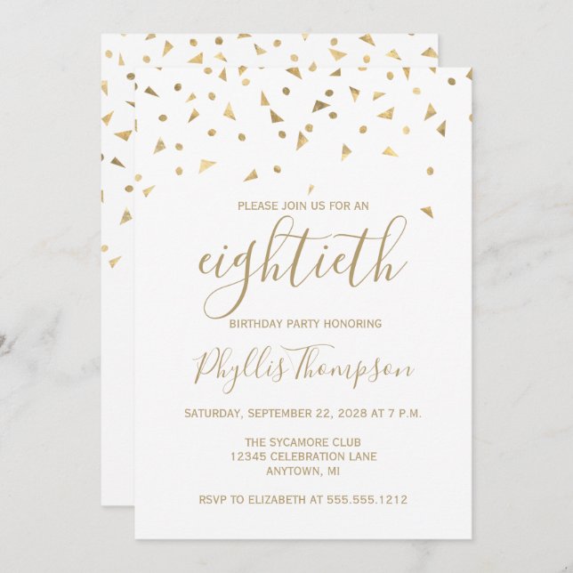 Gold Confetti Triangles 80th Birthday Party Invitation (Front/Back)