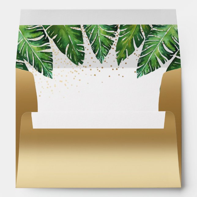 Gold Confetti & Tropical Palm Leaves Wedding Envelopes (Back (Bottom))