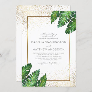 Gold Confetti & Tropical Palm Leaves Wedding Invitation