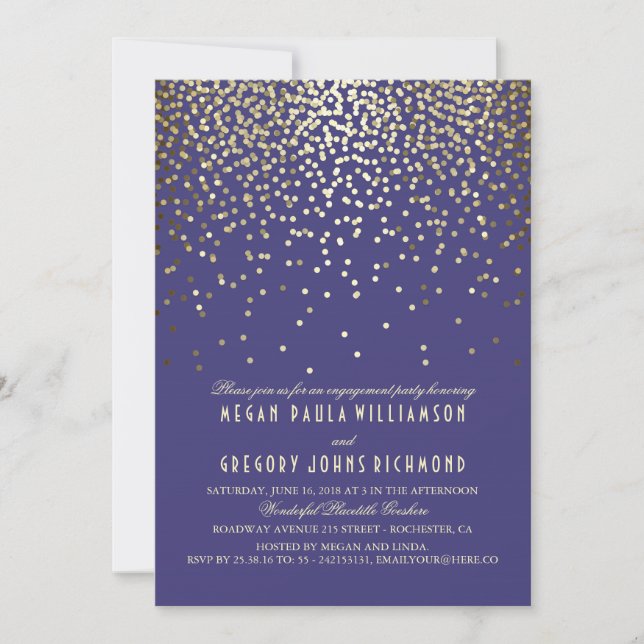 Gold Confetti Vintage Navy Engagement Party Invitation (Front)