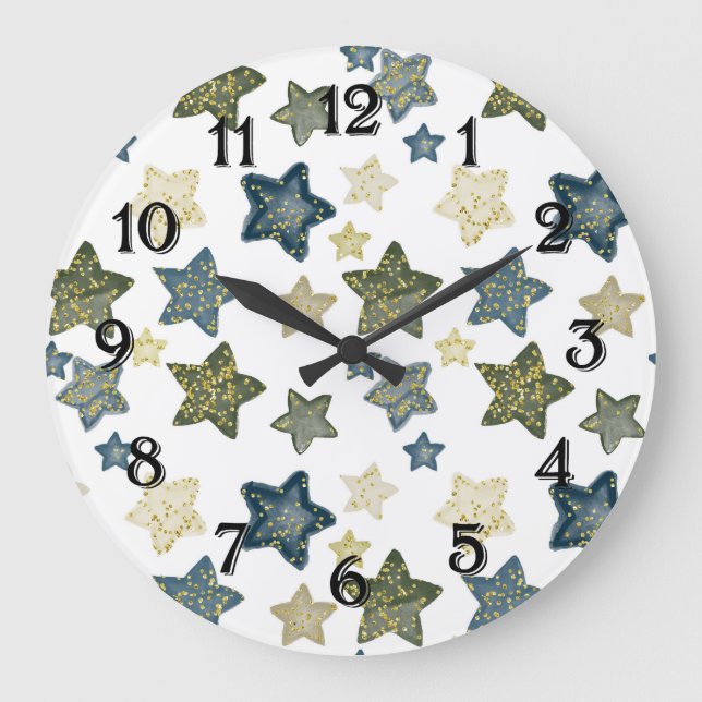 Gold Confetti Watercolor Stars Large Clock (Front)