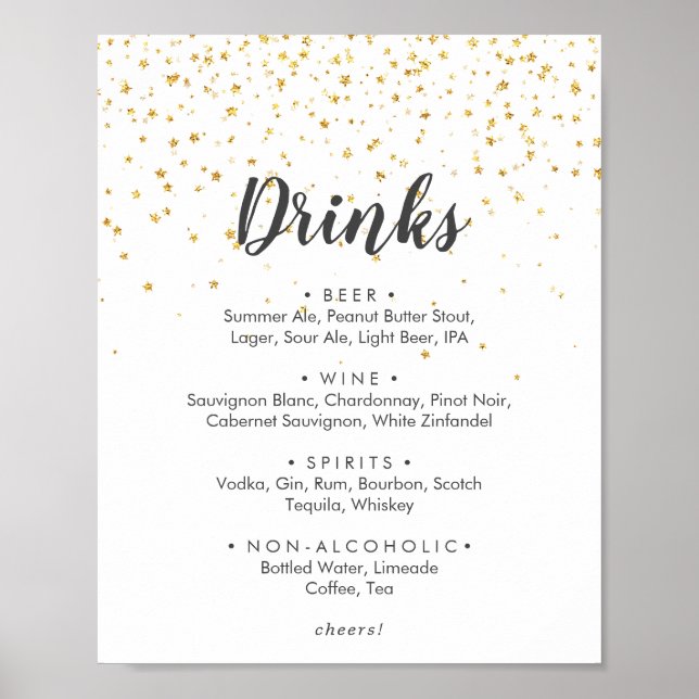 Gold Confetti Wedding Drinks Menu Sign (Front)
