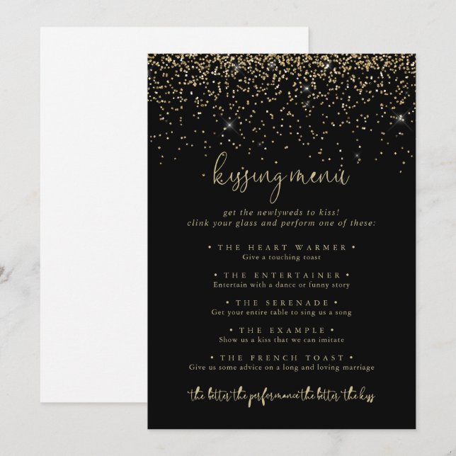 Gold Confetti Wedding Kissing Menu Game Card (Front/Back)