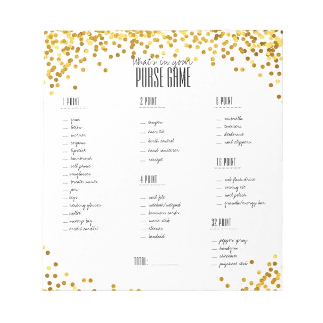Gold Confetti What's in Your Purse Bridal Game Notepad (Front)