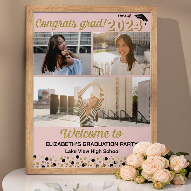 Gold Congrats Grad 3 photo collage Welcome Sign (Creator Uploaded)