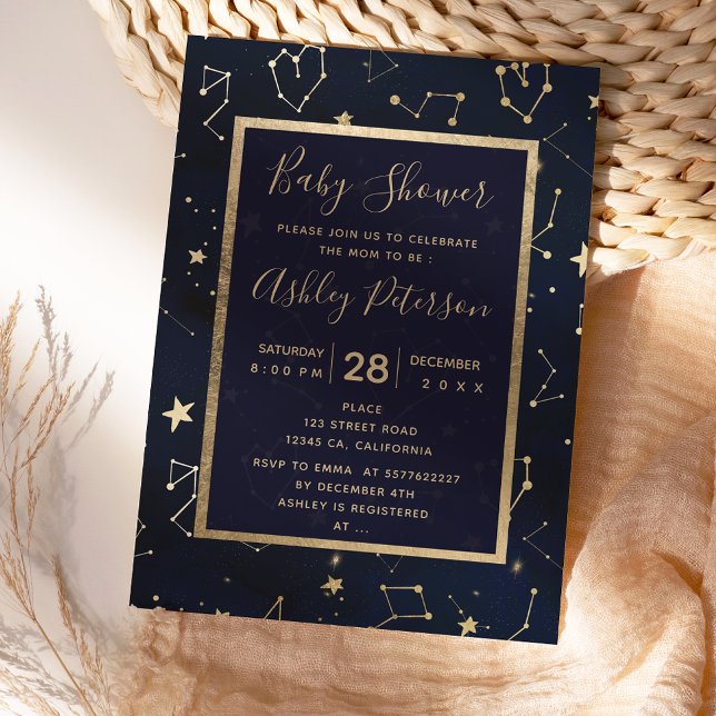 Gold constellation star navy blue baby shower invitation (Creator Uploaded)