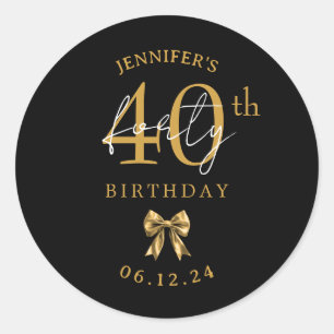 Gold Coquette Bow 40th Birthday Party Black Classic Round Sticker