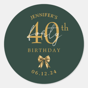 Gold Coquette Bow 40th Birthday Party Green Classic Round Sticker