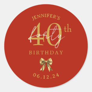 Gold Coquette Bow 40th Birthday Party Red Classic Round Sticker