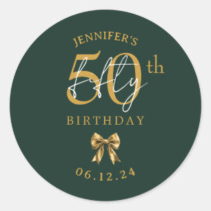 Gold Coquette Bow 50th Birthday Party Green Classic Round Sticker