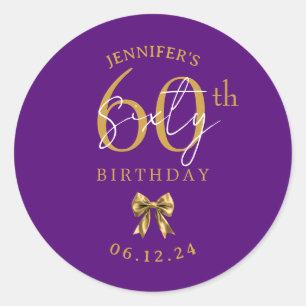 Gold Coquette Bow 60th Birthday Party Purple Classic Round Sticker