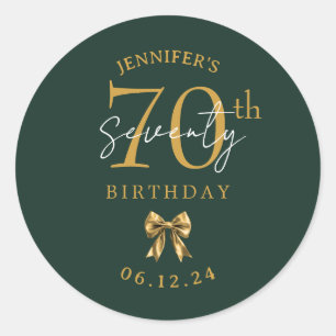 Gold Coquette Bow 70th Birthday Party Green Classic Round Sticker