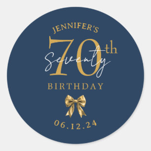 Gold Coquette Bow 70th Birthday Party Navy Blue Classic Round Sticker
